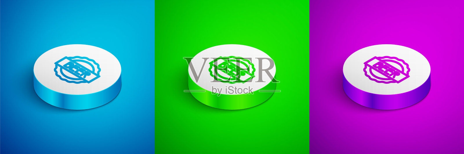 等距线瓶盖与铭文啤酒图标隔离在蓝色，绿色和紫色的背景。白色圆圈按钮。向量插画图片素材