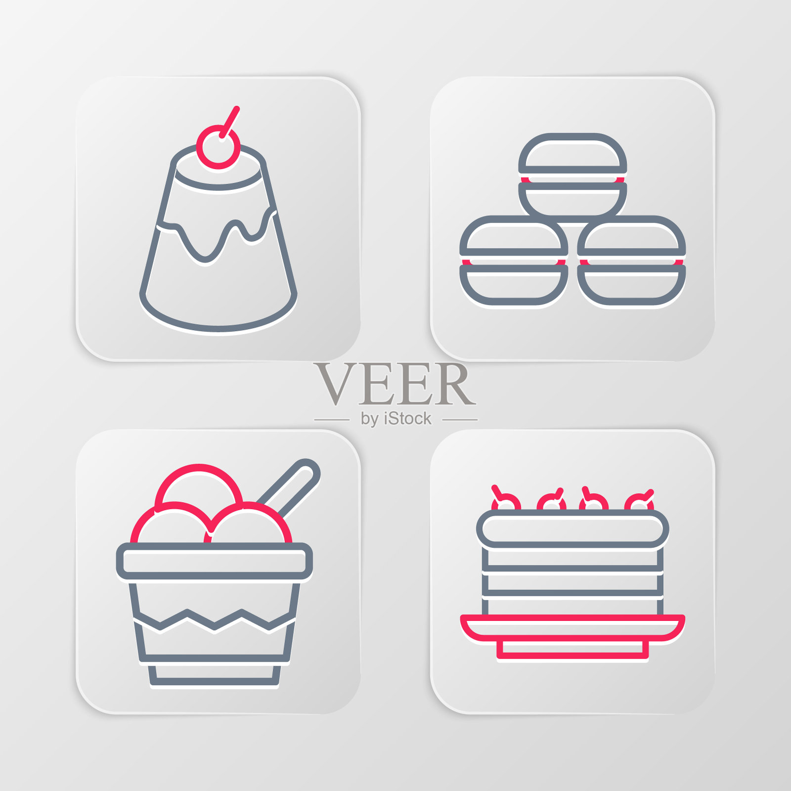 蛋糕，冰淇淋，马卡龙饼干和布丁蛋奶冻图标。向量插画图片素材