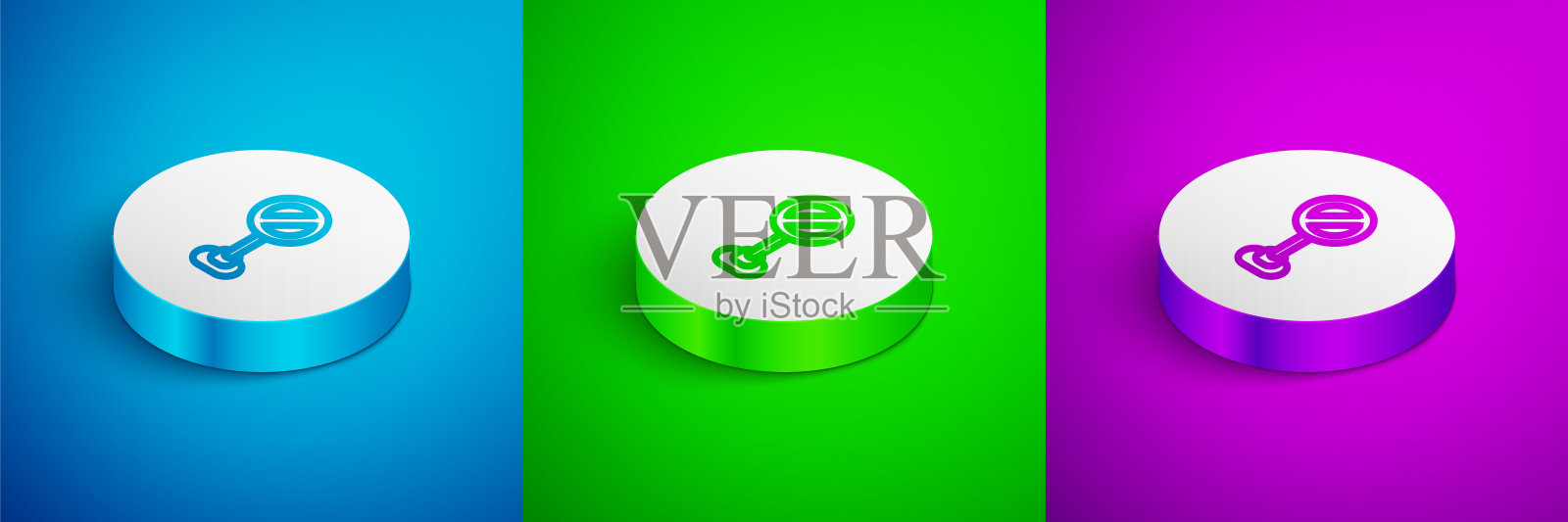 等距线停止标志图标隔离在蓝色，绿色和紫色的背景。交通法规警告停车标志。白色圆圈按钮。向量插画图片素材