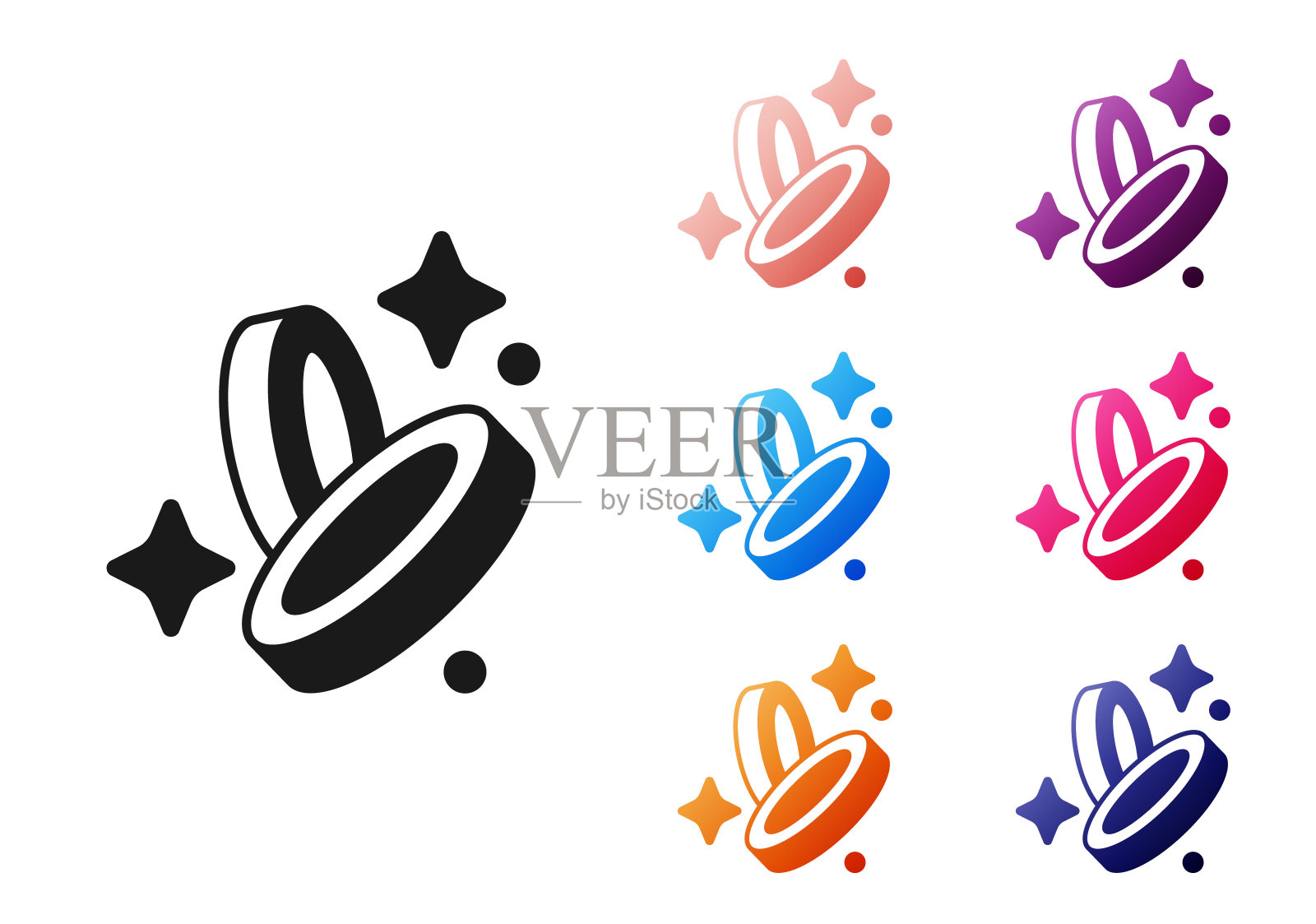 黑色海盗硬币图标孤立在白色背景。设置图标彩色。向量插画图片素材