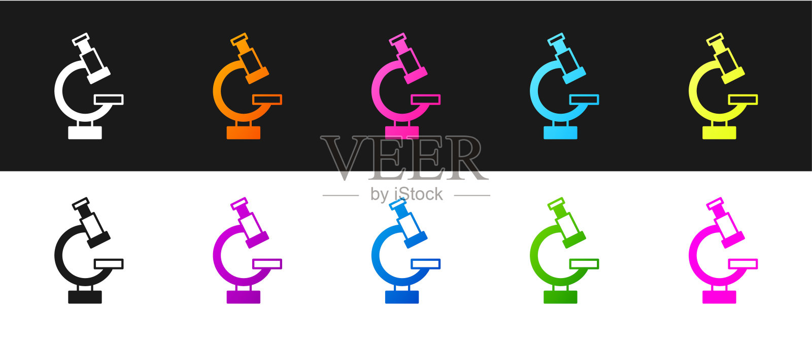 设置显微镜图标隔离在黑白背景上。化学、制药仪器、微生物放大工具。向量插画图片素材