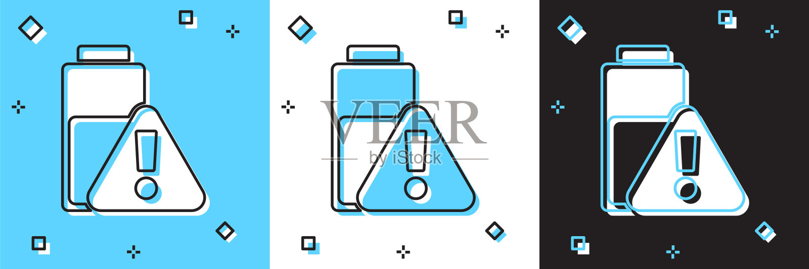 设置智能手机电池充电图标隔离在蓝色和白色，黑色背景。电量低的手机。向量插画图片素材