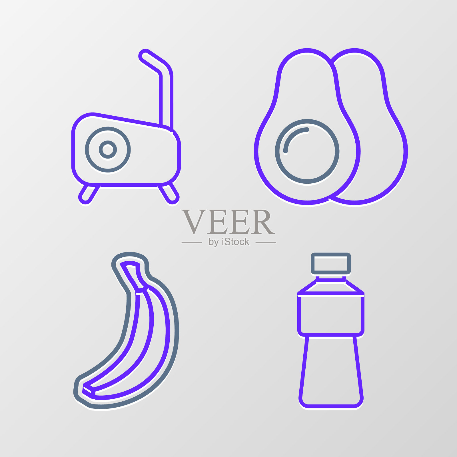 设置线瓶水，香蕉，鳄梨水果和固定自行车图标。向量插画图片素材