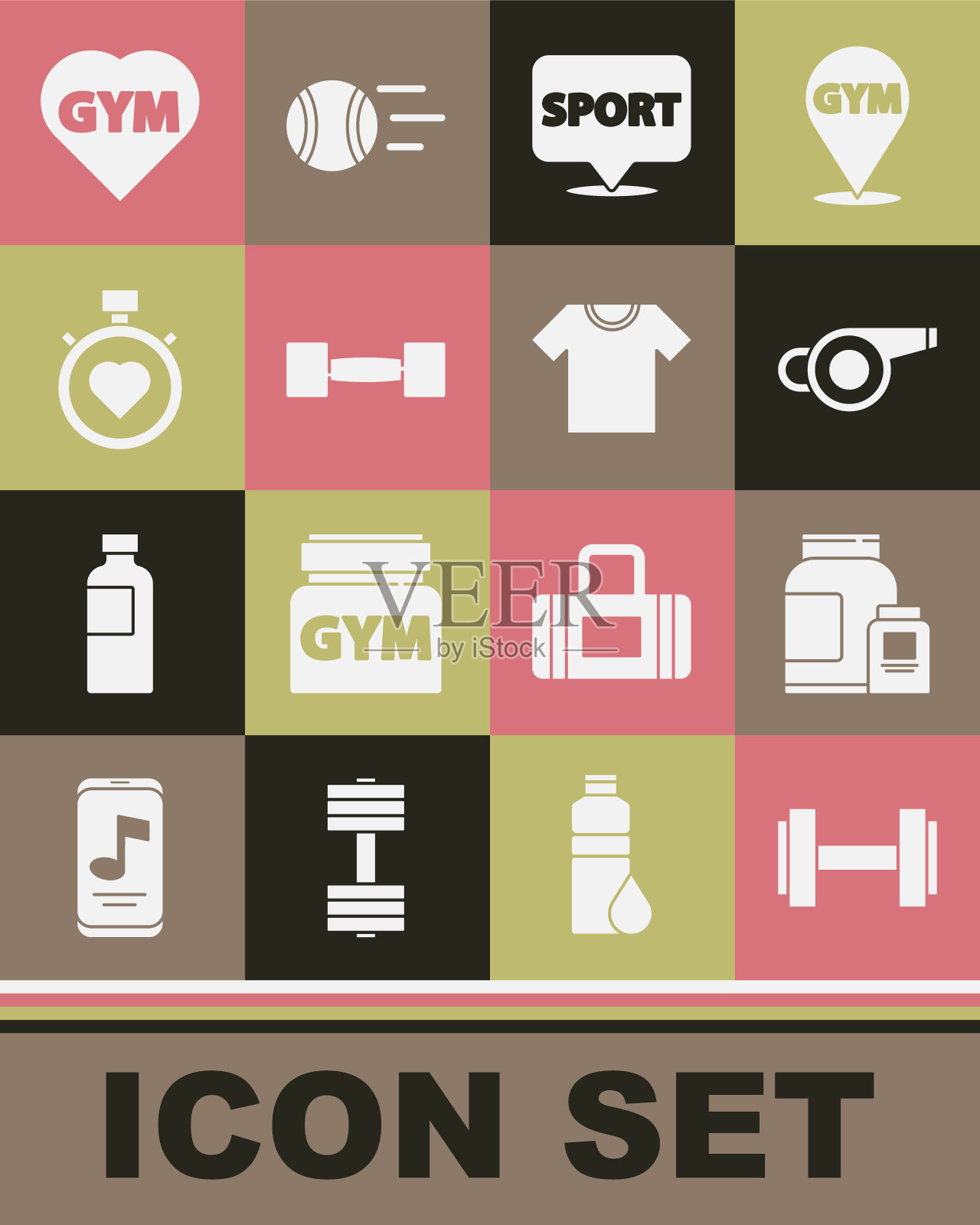 设置哑铃，运动营养，哨子，位置健身房，心脏在中心秒表，健身心脏和t恤图标。向量插画图片素材