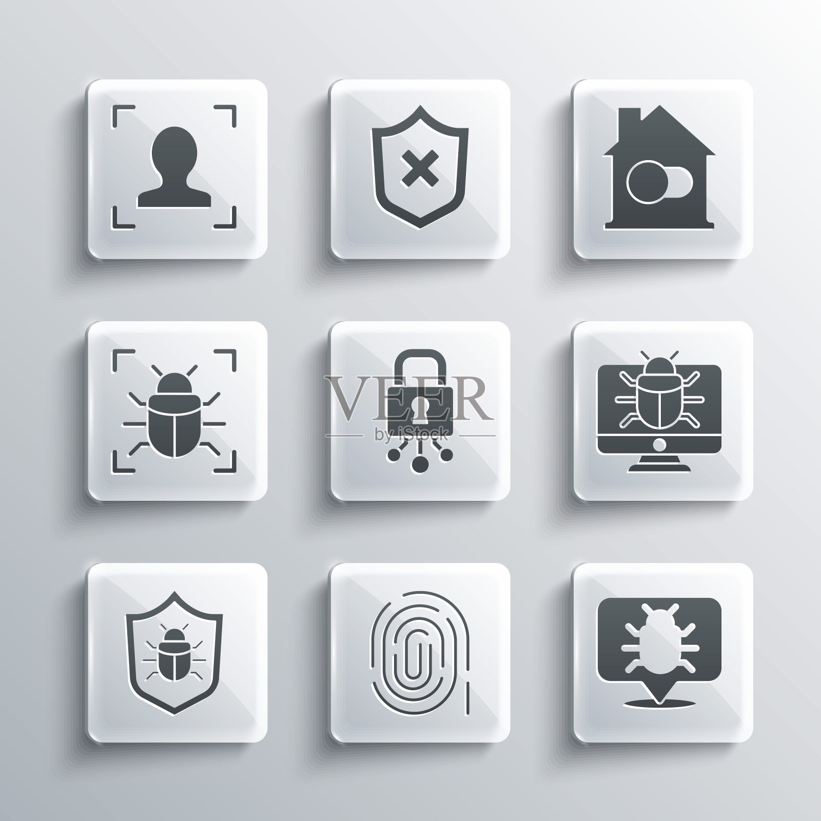 设置指纹、系统bug、监视器、网络安全、人脸识别和智能家居图标。向量插画图片素材