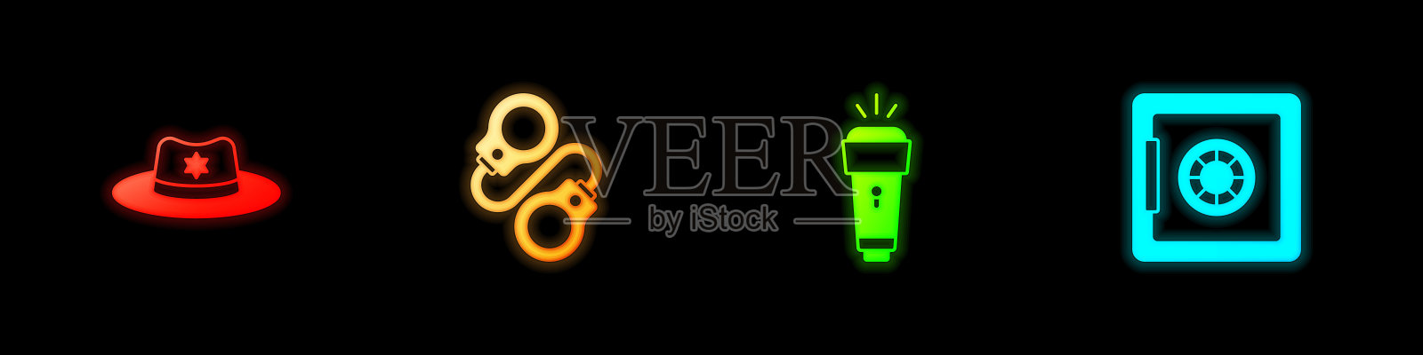 设置警长帽与徽章，手铐，手电筒和安全图标。向量插画图片素材