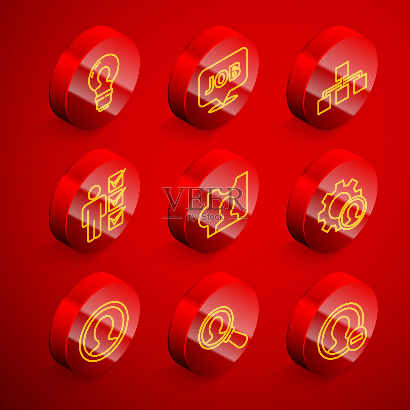 设置线头灯泡，语音气泡工作，层次结构图，穿西装的人的用户，狩猎，创建帐户屏幕和放大镜搜索图标。向量插画图片素材