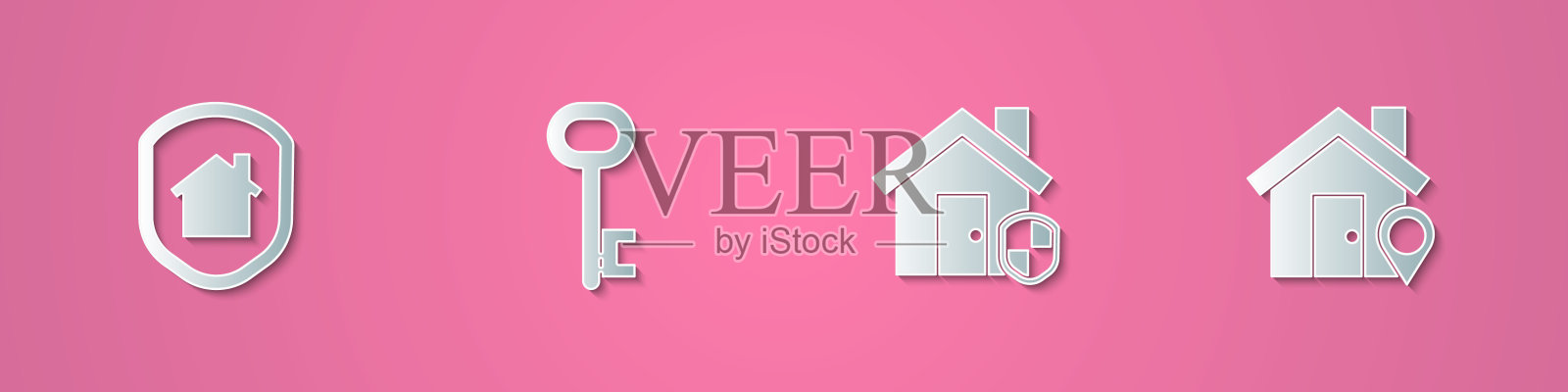 设置剪纸房子在保护，钥匙和位置与房子的图标。纸艺风格。向量插画图片素材