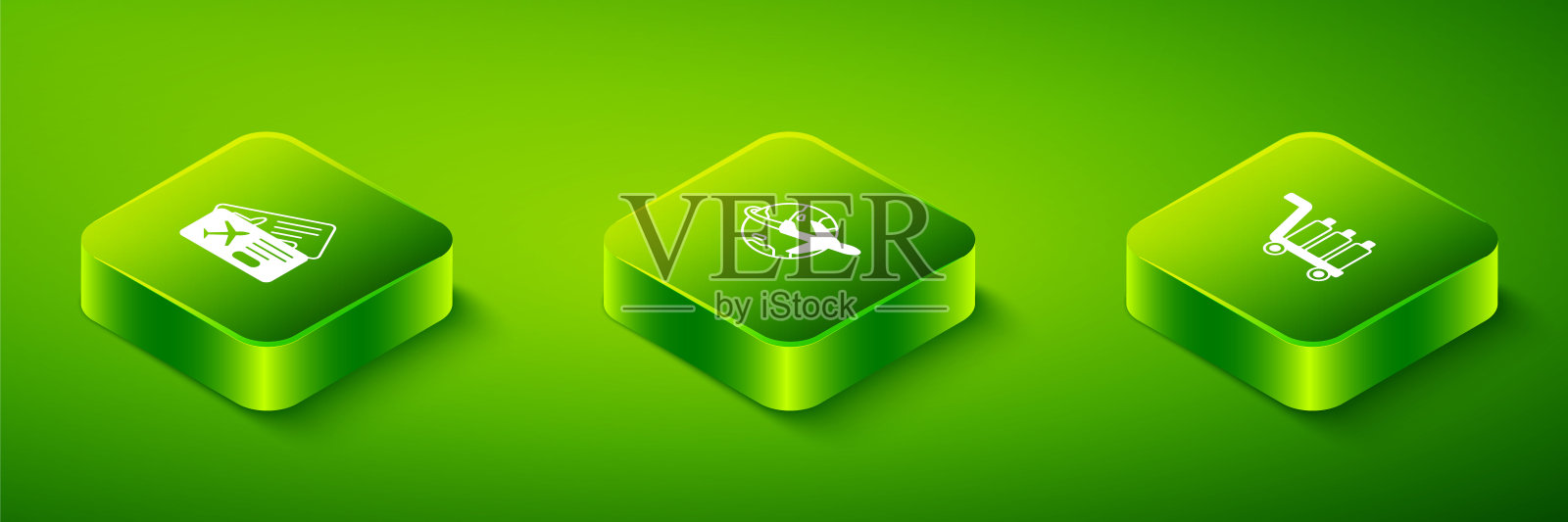 设置等距地球飞行飞机，手推车行李和机票图标。向量插画图片素材