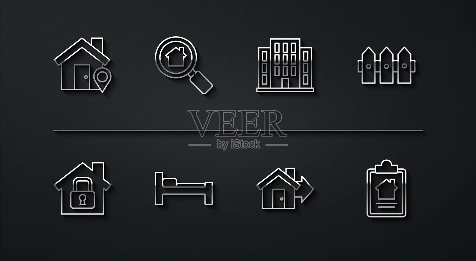 设置线位置与房子，房子在保护下，花园栅栏木，销售，床，搜索，合同和图标。向量插画图片素材