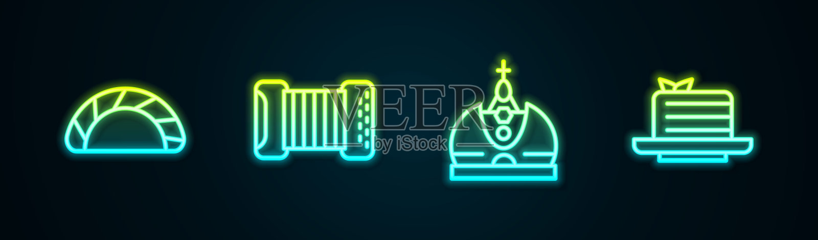 设饺子、手风琴、国王皇冠、梅多维克。发光的霓虹灯图标。向量插画图片素材