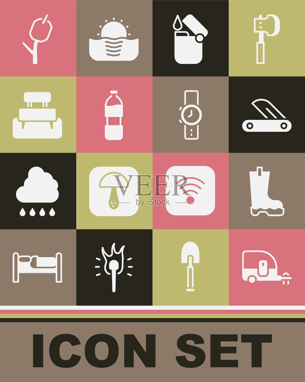 集房车露营拖车，防水橡胶靴，瑞士军刀，打火机，瓶装水，长凳，棉花糖棒和腕表图标。向量插画图片素材