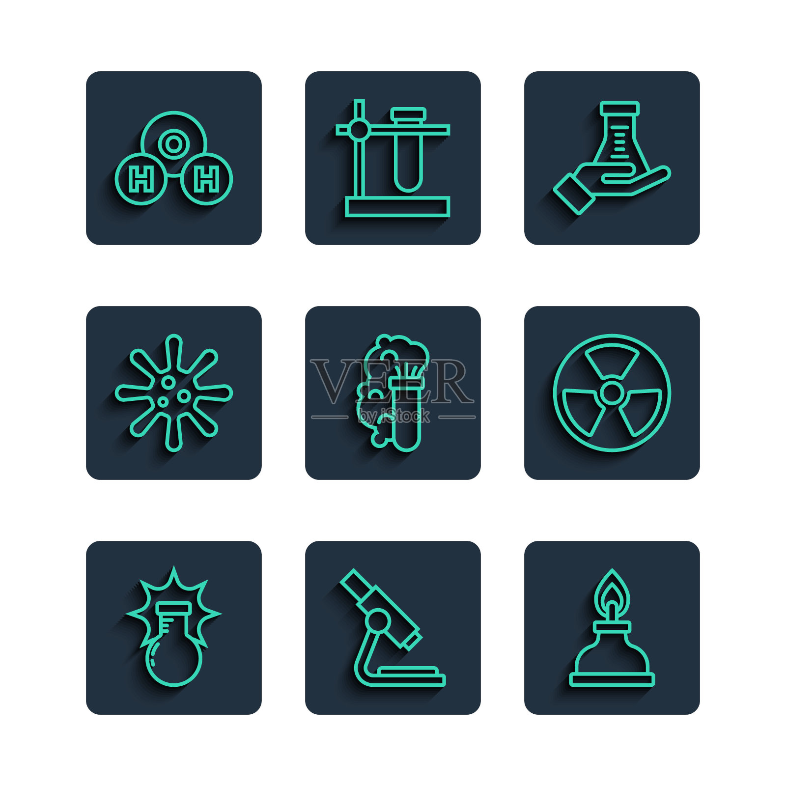 设置线化学爆炸，显微镜，酒精或酒精燃烧器，试管和烧瓶，细菌，水和放射性图标的公式。向量插画图片素材