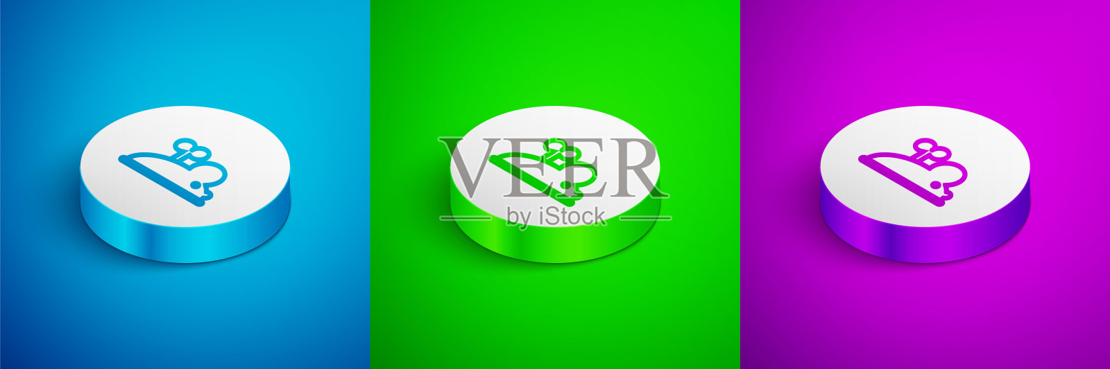 等距线发条鼠标图标隔离在蓝色，绿色和紫色背景。发条鼠标玩具。白色圆圈按钮。向量插画图片素材