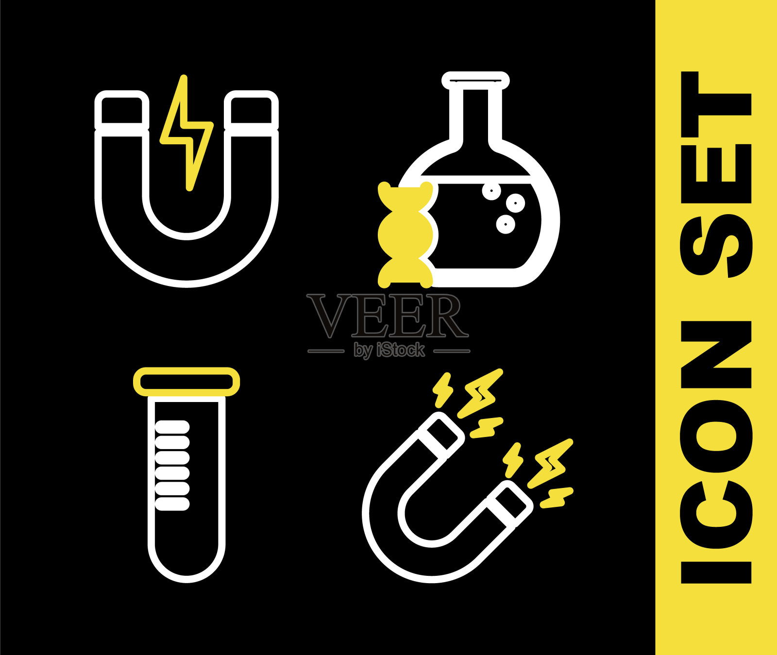 设置线DNA研究，搜索，磁铁与闪电，试管或烧瓶和图标。向量插画图片素材