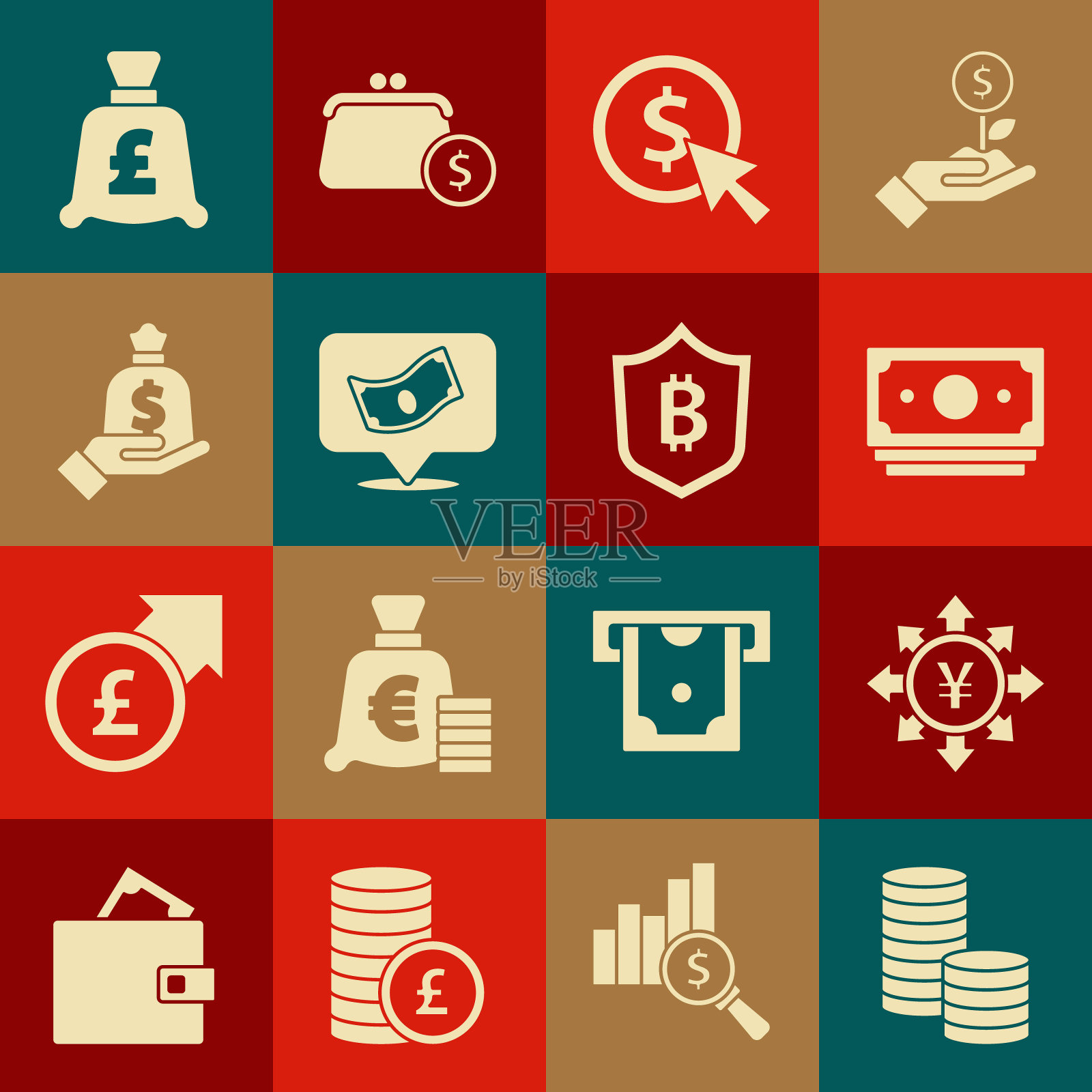 集硬币钱与美元，日元，堆栈纸现金，手持包，英镑和盾比特币图标。向量插画图片素材