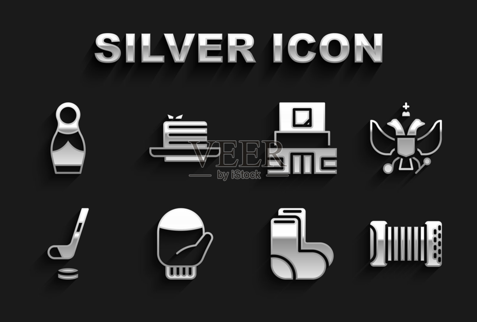 集圣诞手套，俄罗斯国徽，手风琴，瓦伦基，冰球棒和冰球，列宁墓，俄罗斯娃娃套娃和梅多维克图标。向量插画图片素材