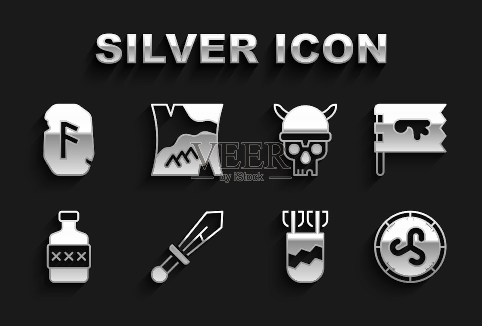 集中世纪的剑，维京人的旗帜，盾维京人，箭袋，威士忌酒瓶，头骨头盔，魔法符文和折叠地图图标。向量插画图片素材