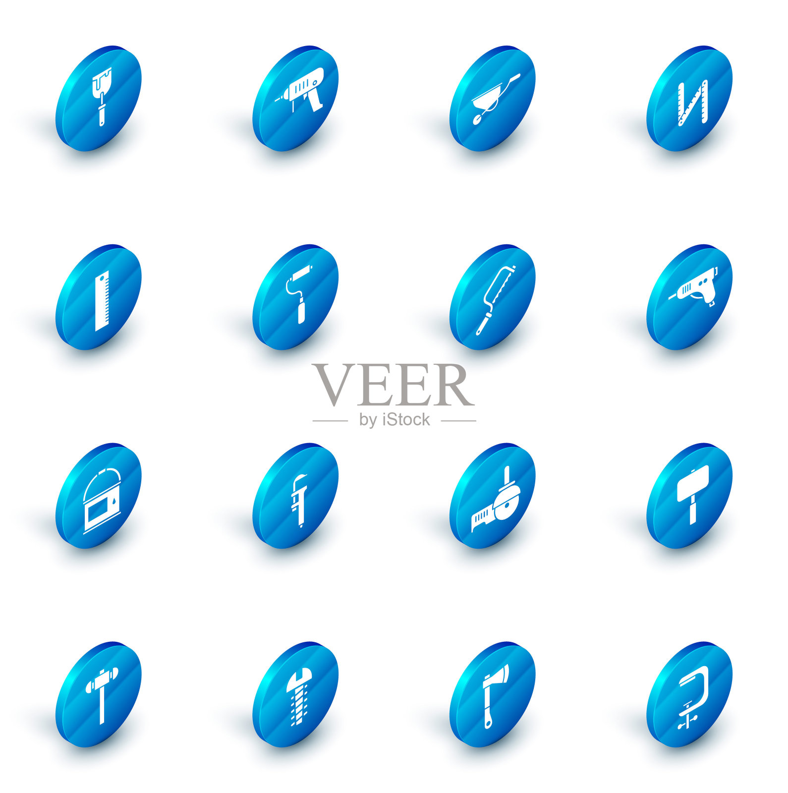 集电钻，独轮车，折叠尺，尺，油漆桶，滚筒刷，热熔胶枪和钢锯图标。向量插画图片素材