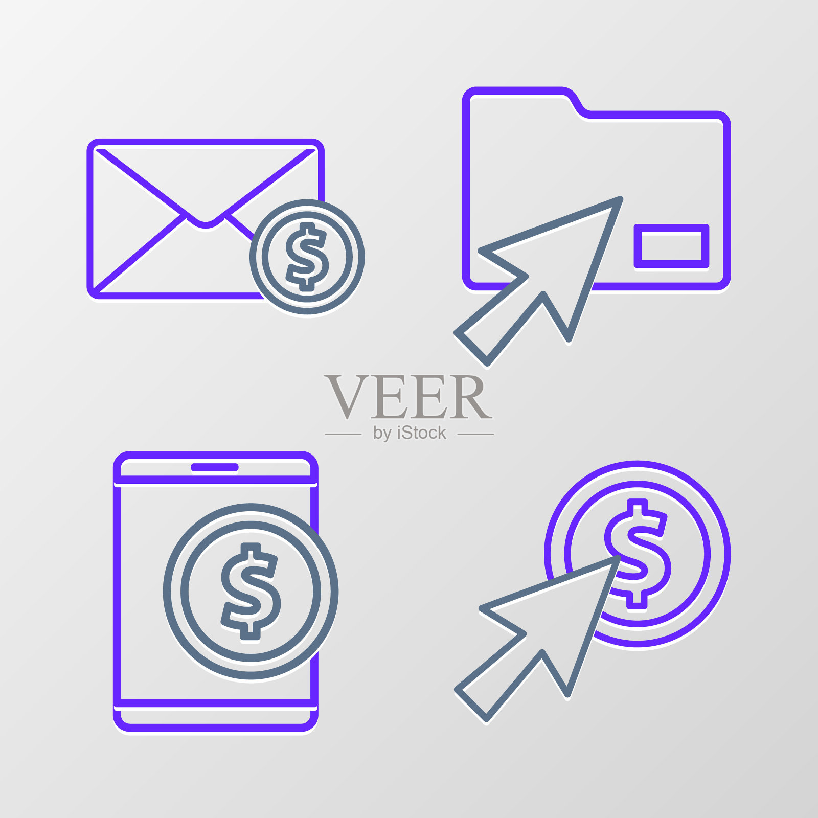 设置行光标和硬币，平板电脑与美元，点击文件夹和信封图标。向量插画图片素材