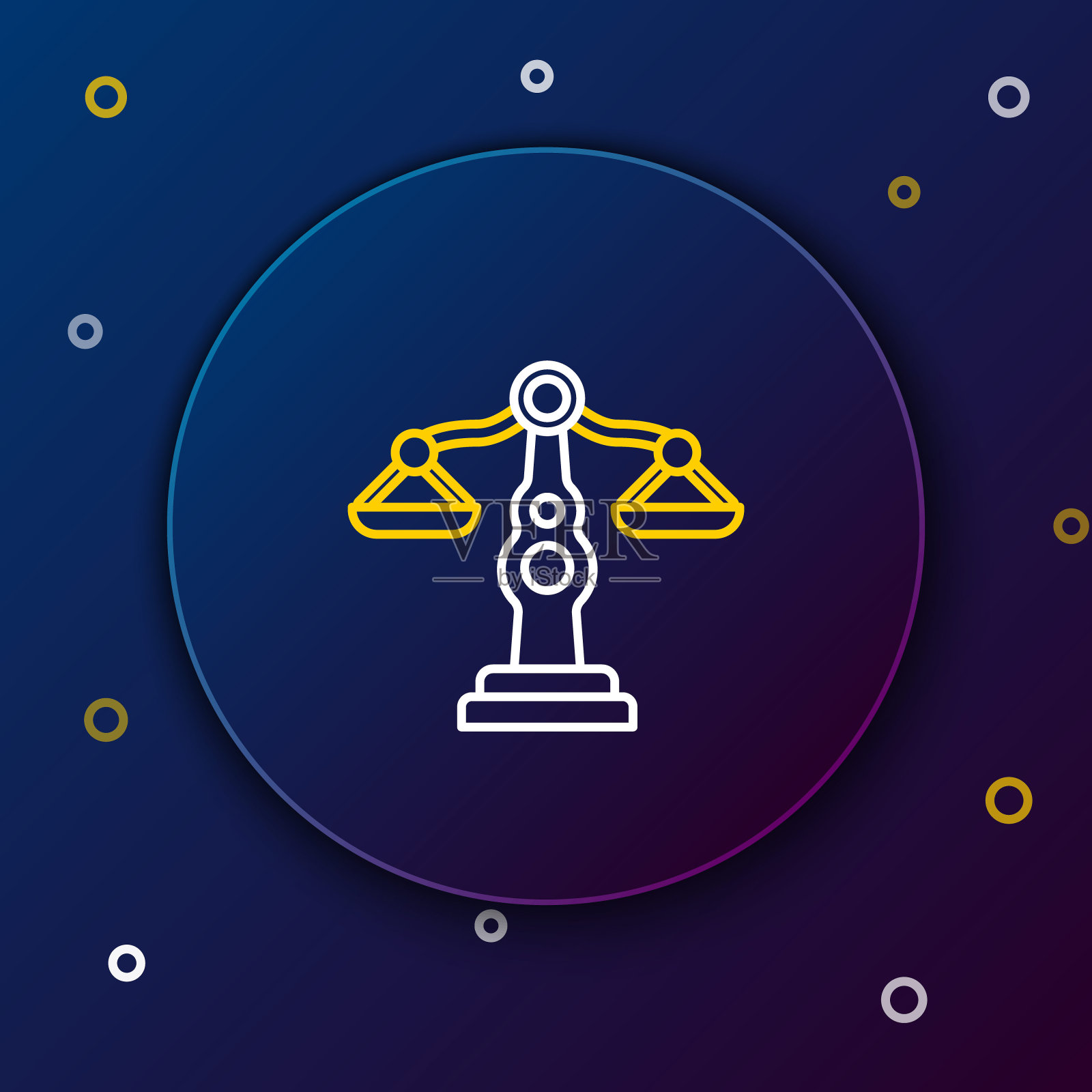 线尺度的正义图标孤立的蓝色背景。法庭符号。平衡刻度符号。色彩缤纷的轮廓概念。向量插画图片素材