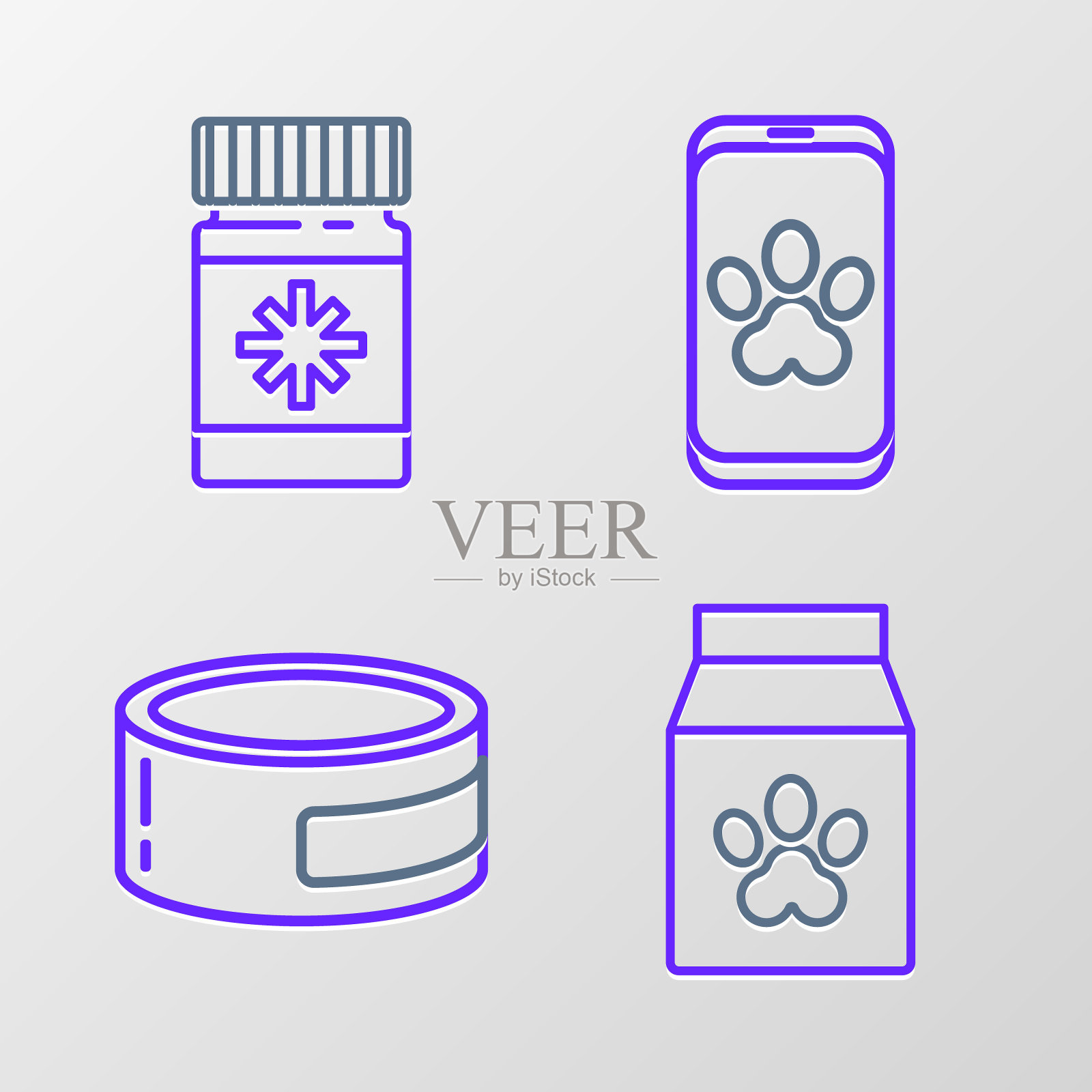宠物食品袋，罐头，在线兽医诊所标志和狗药瓶和药丸图标。向量插画图片素材