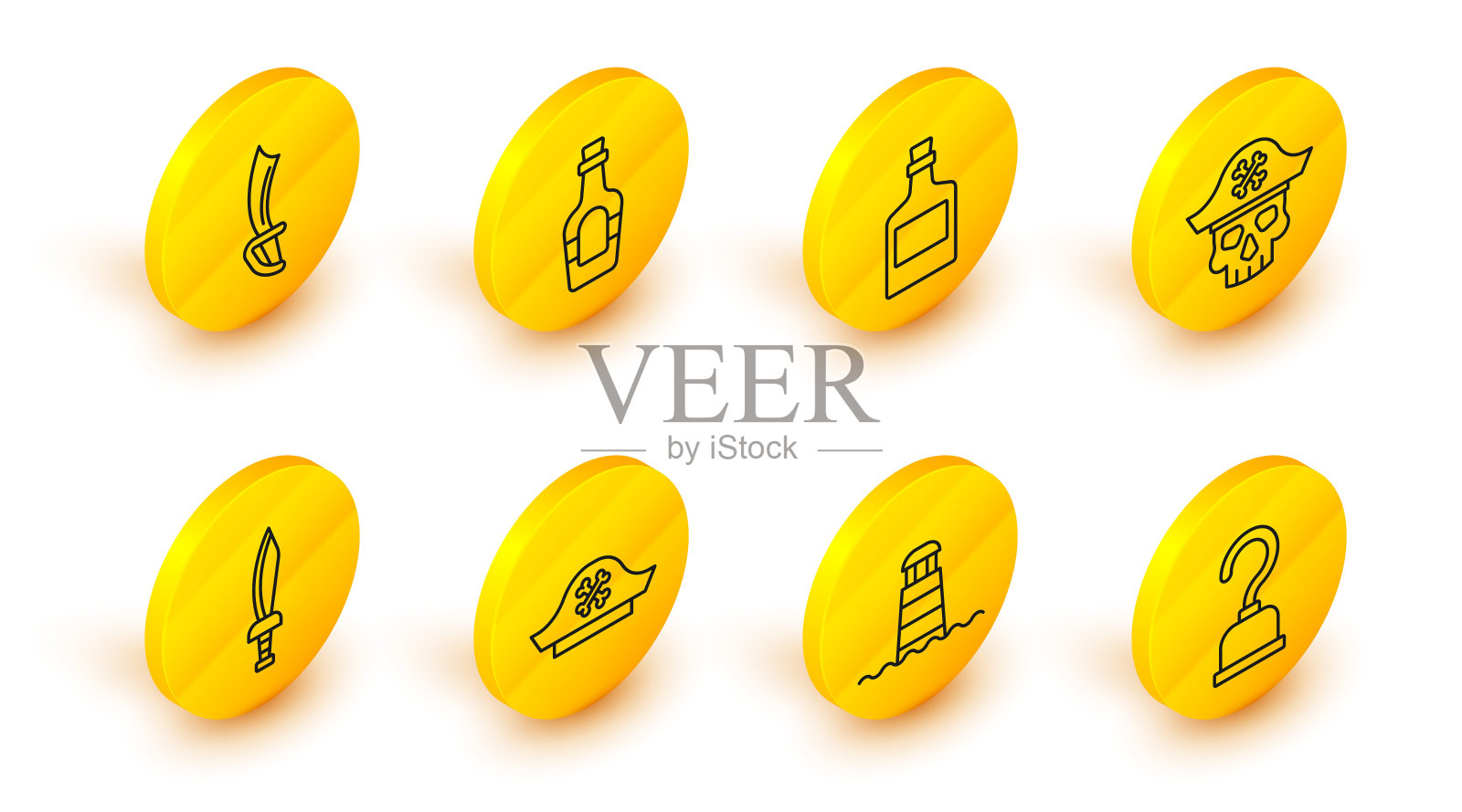 设定路线海盗钩，灯塔，帽子，剑，船长，酒精饮料朗姆酒和图标。向量插画图片素材