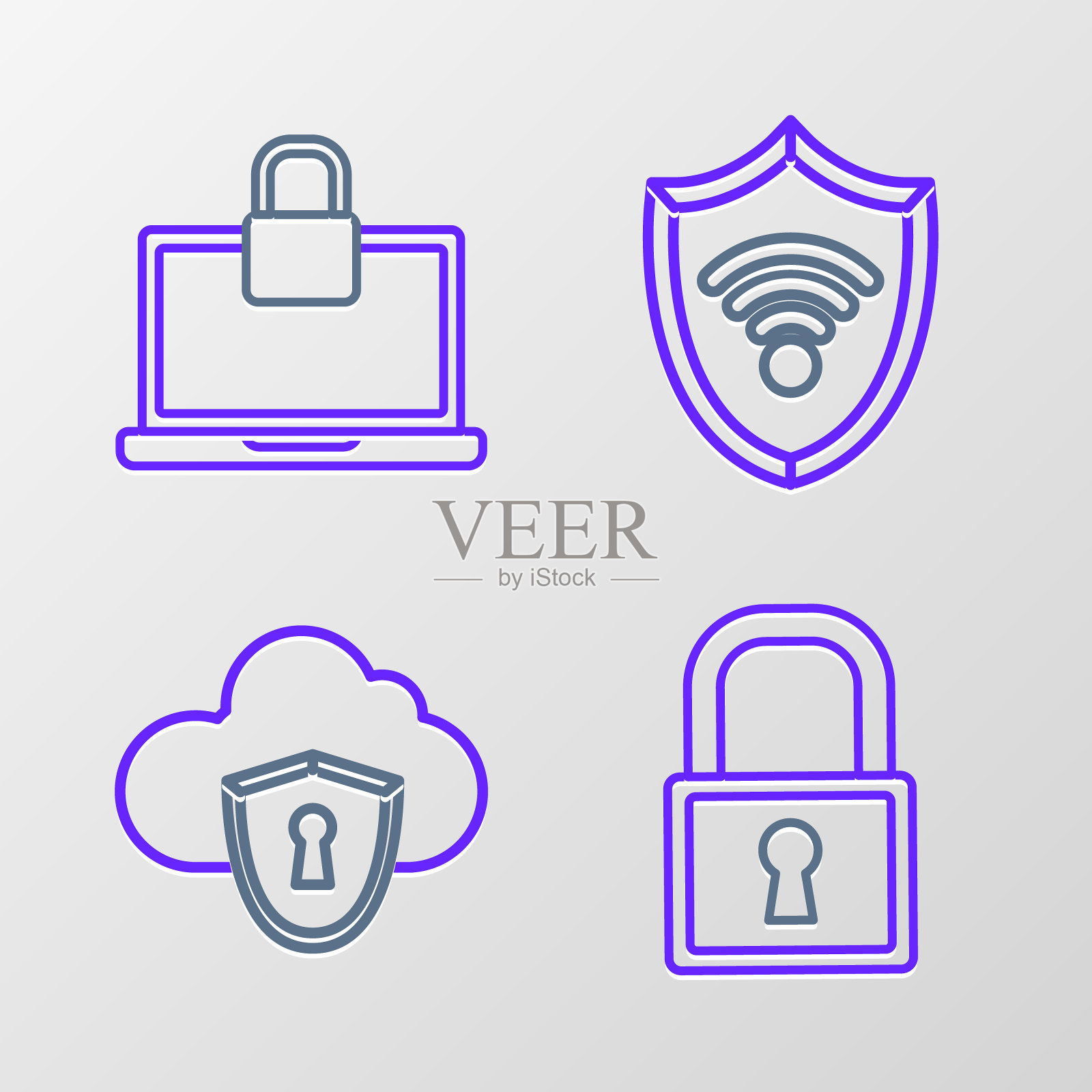 设置线锁，云和屏蔽，屏蔽WiFi无线上网和笔记本电脑锁图标。向量插画图片素材