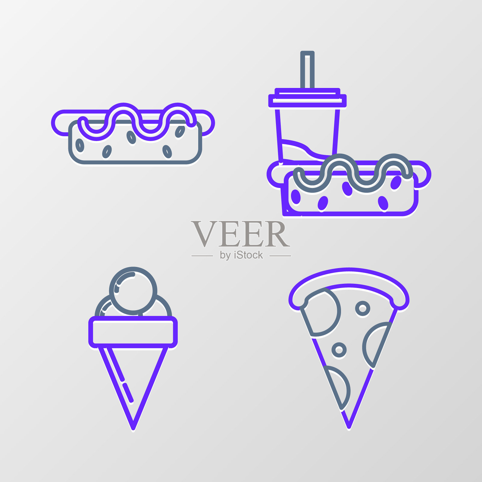 切片披萨，华夫蛋筒冰淇淋，带吸管的纸杯，热狗和热狗三明治芥末图标。向量插画图片素材