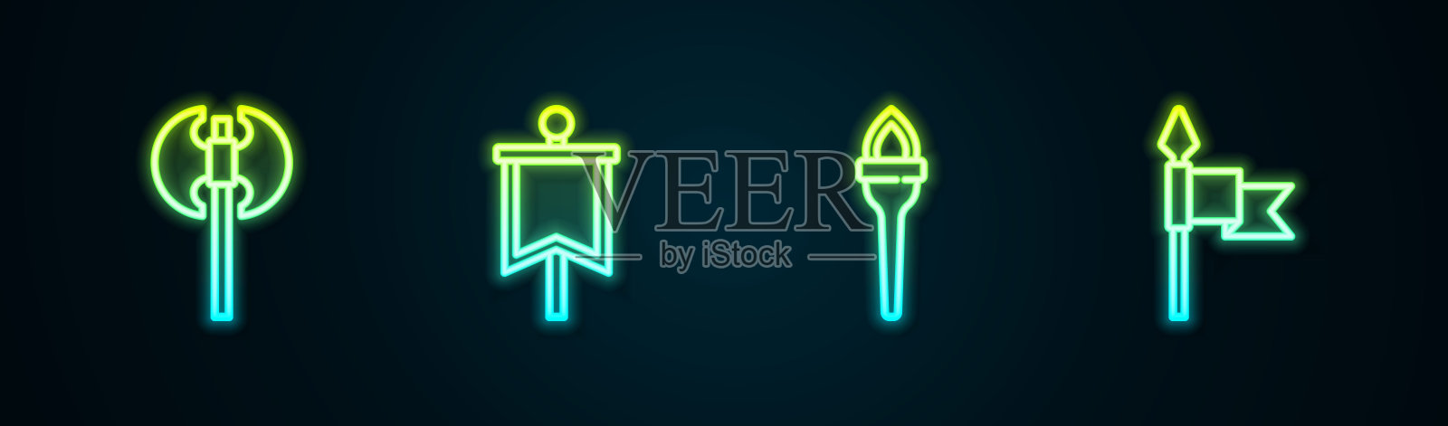 设置线中世纪的斧头，旗帜，火炬火焰和矛。发光的霓虹灯图标。向量插画图片素材