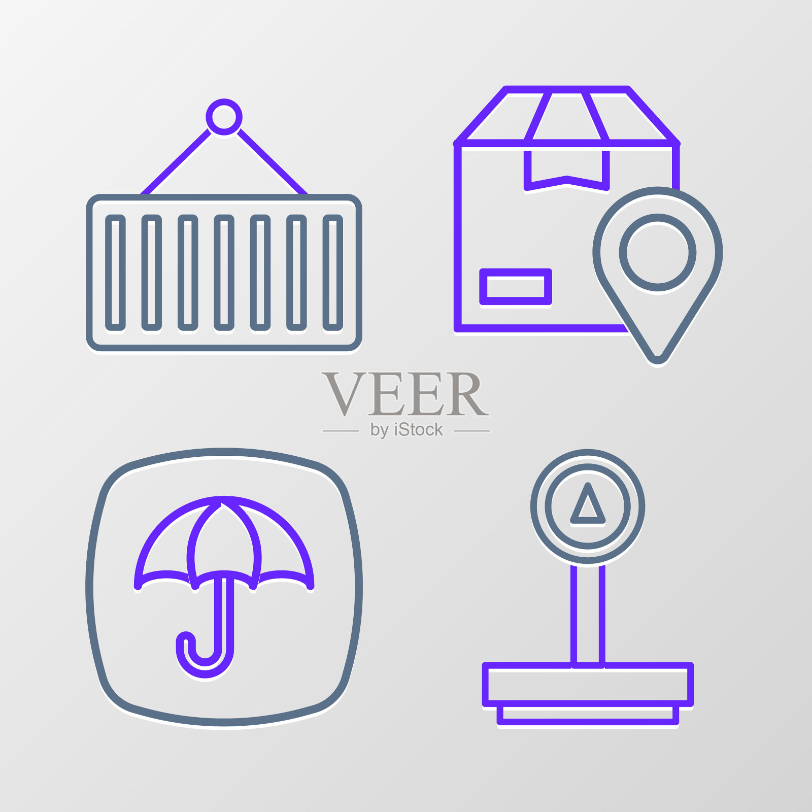 设定线标度，带伞包装，定位纸箱和集装箱吊车图标。向量插画图片素材