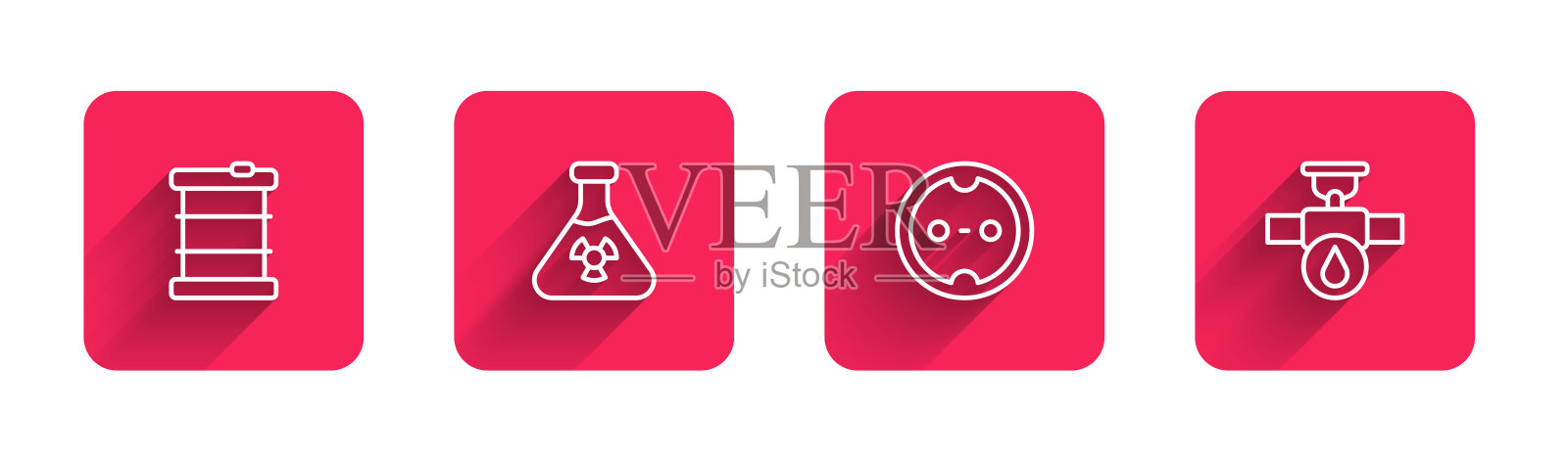 设放射性废物桶、试管放射线、电源插座、长影工业管道及阀门。红色方块按钮。向量插画图片素材