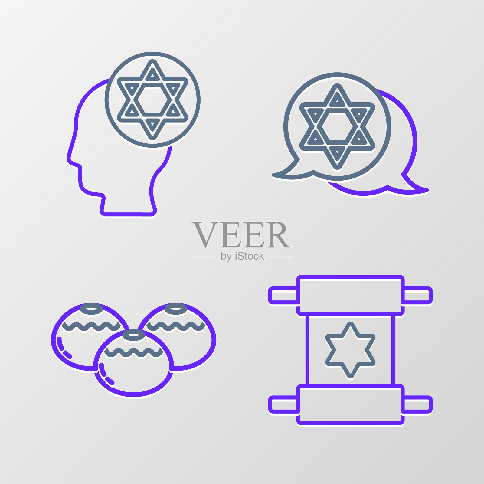 设置线托拉卷轴，犹太甜面包店，大卫之星和正统的犹太帽子图标。向量插画图片素材