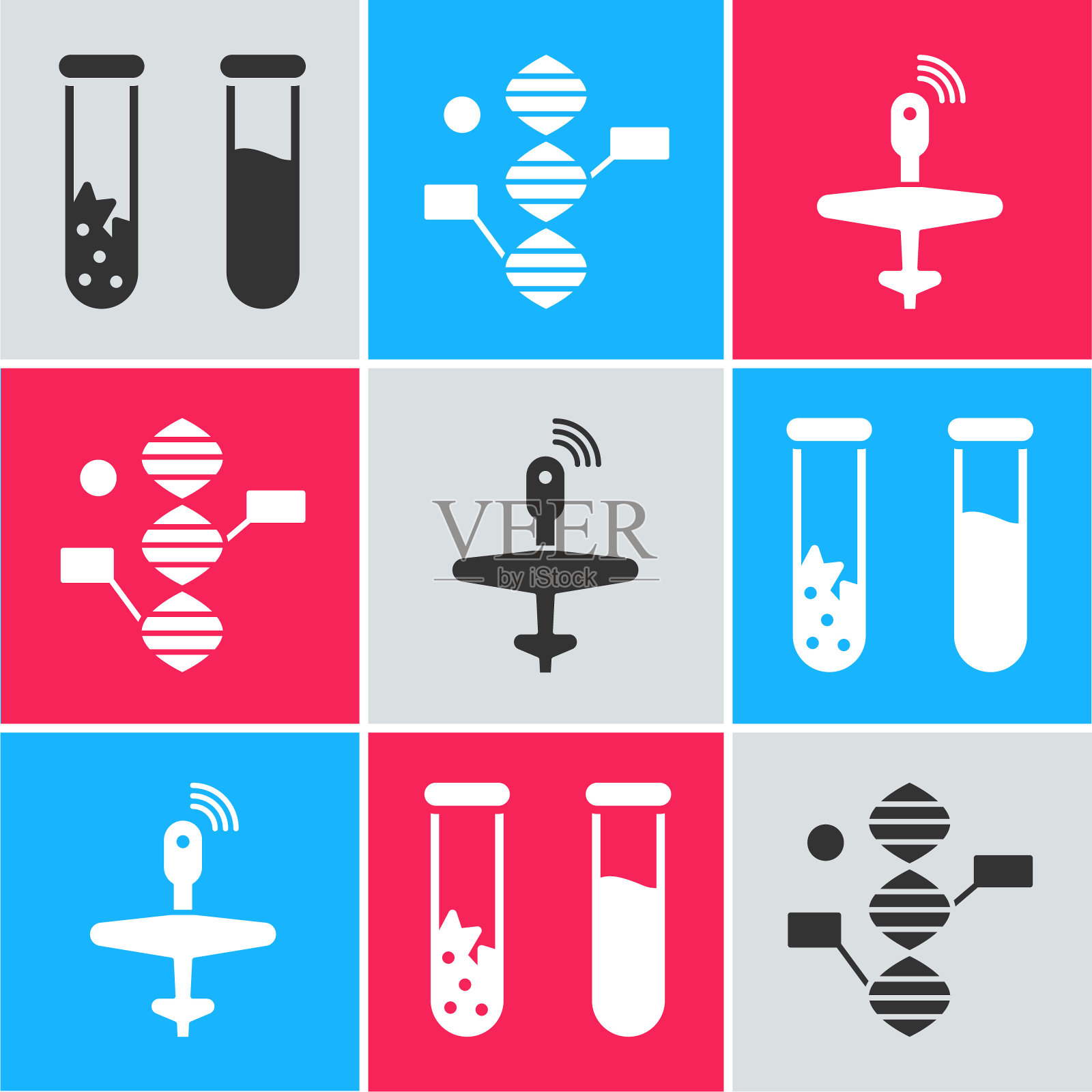 设置试管和烧瓶，DNA符号和无人机无人机图标。向量插画图片素材