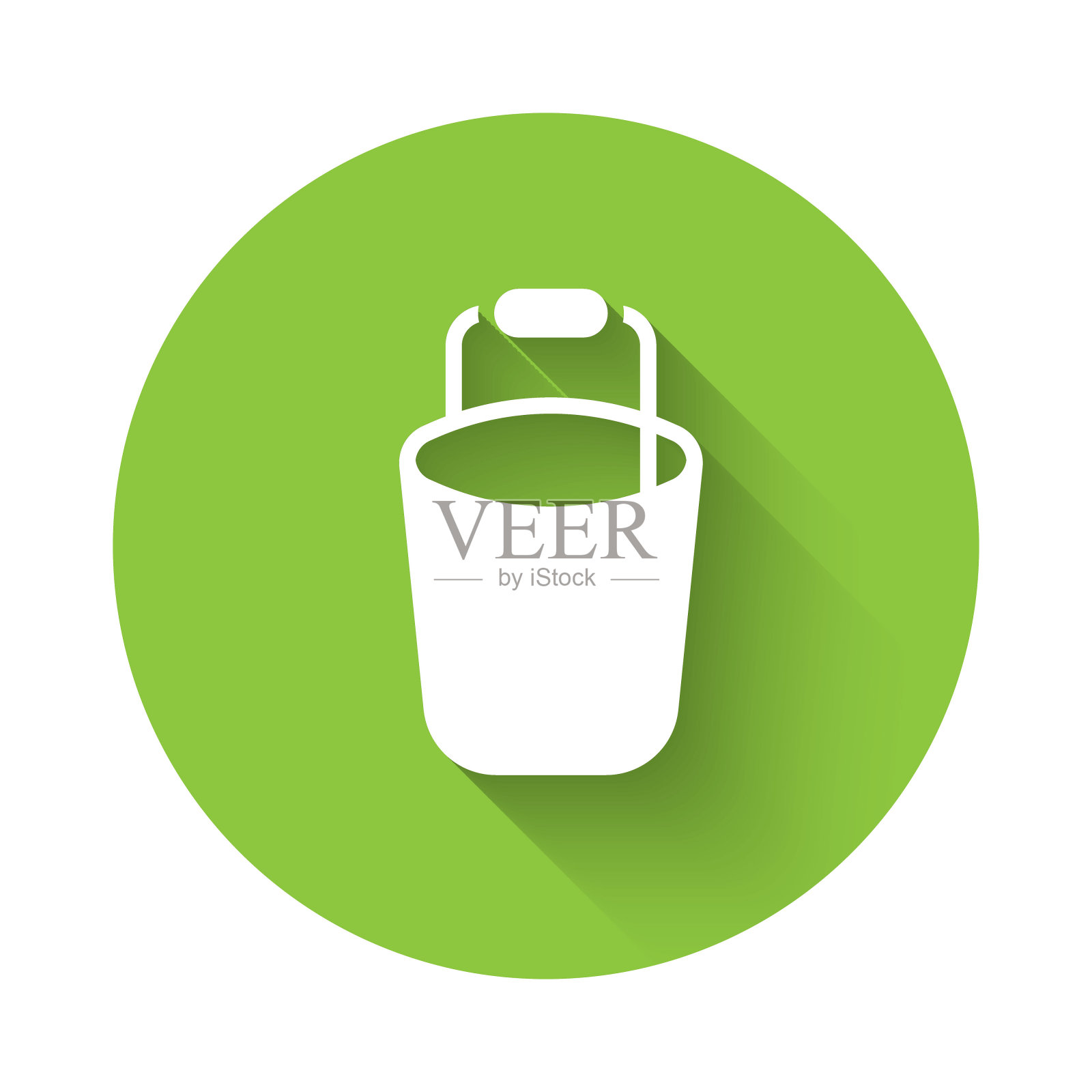 白色桶图标孤立与长阴影背景。清洁服务理念。绿色圆形按钮。向量插画图片素材