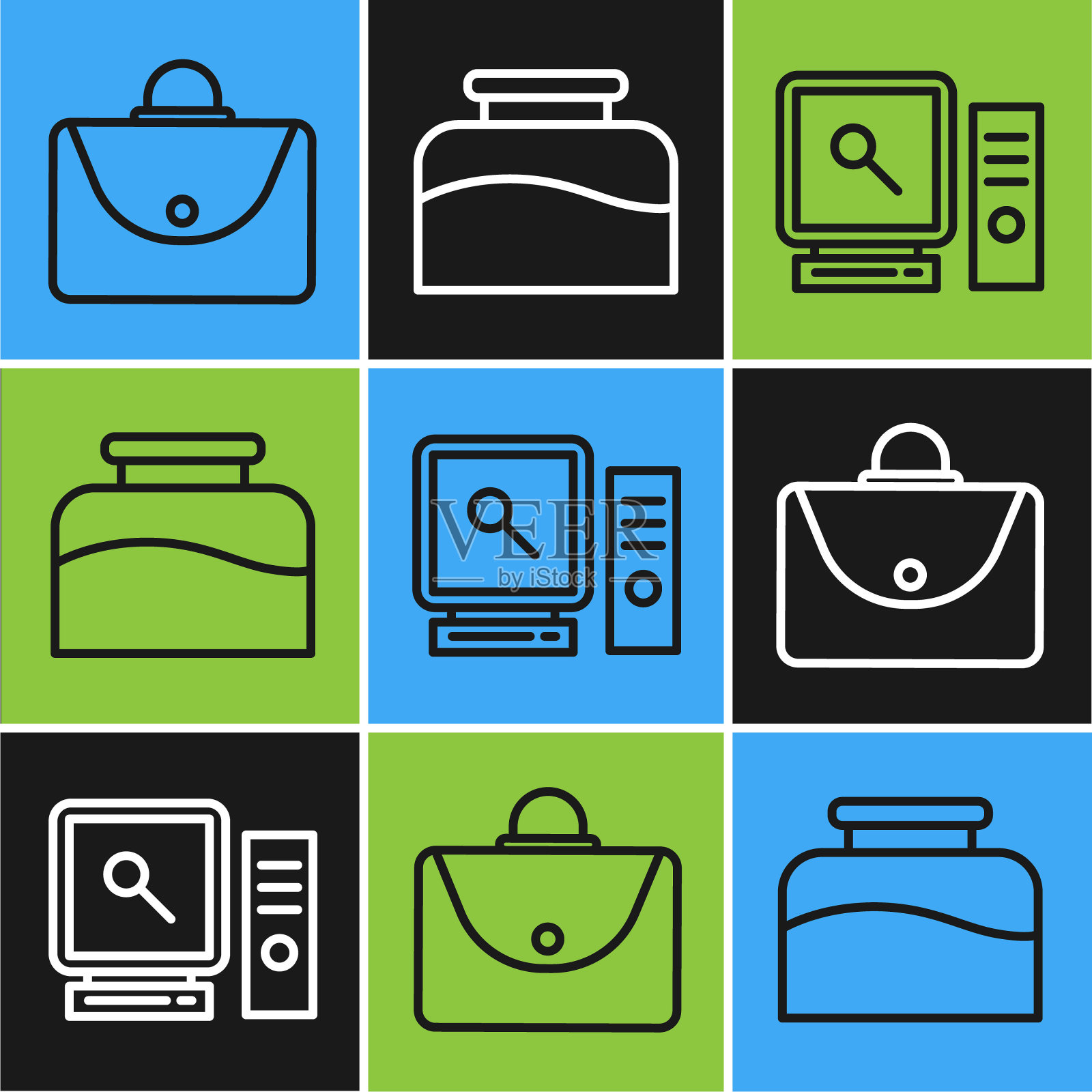 设置线公文包，搜索电脑屏幕和墨水瓶图标。向量插画图片素材
