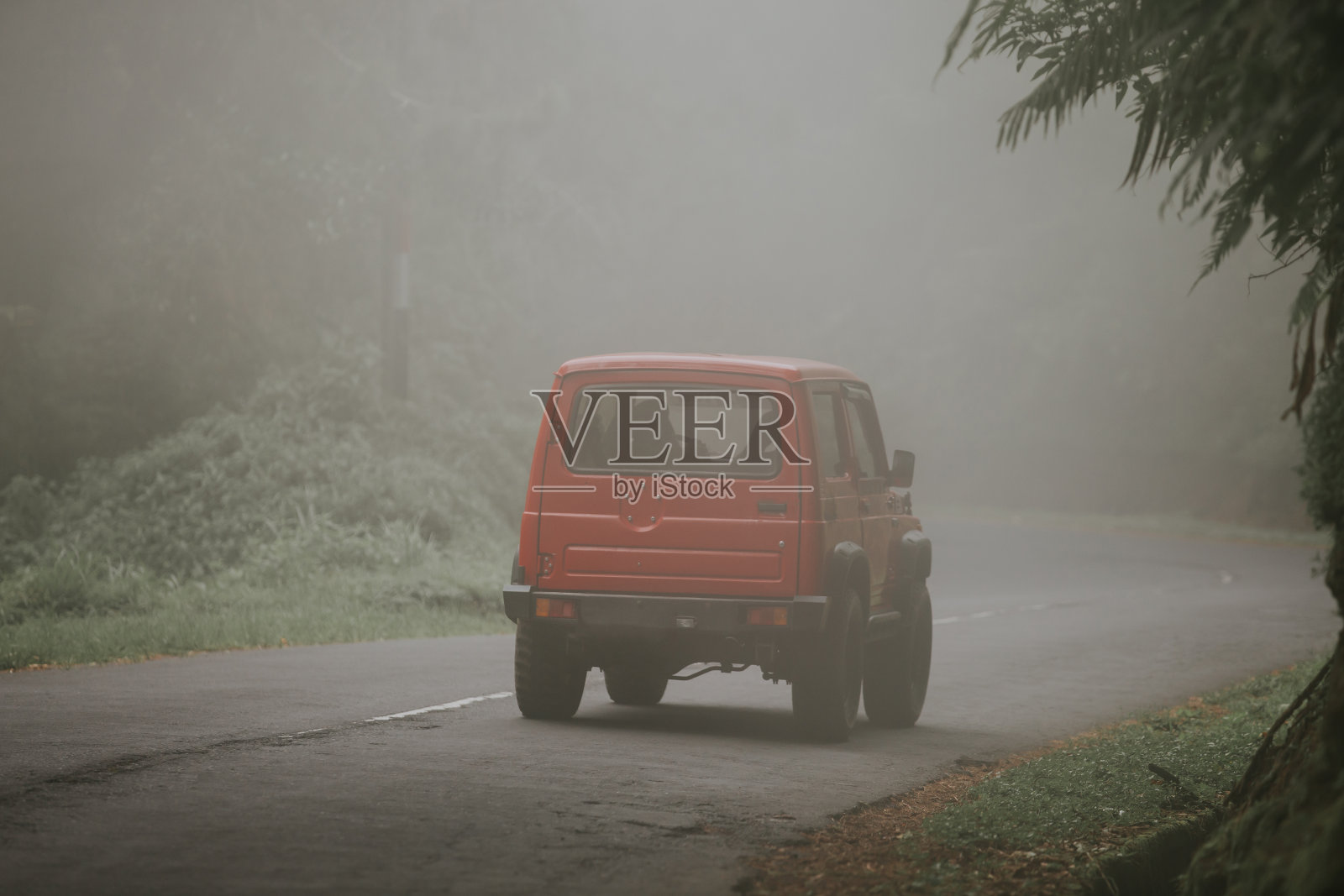 在雾蒙蒙的蜿蜒道路上行驶的全地形车照片摄影图片