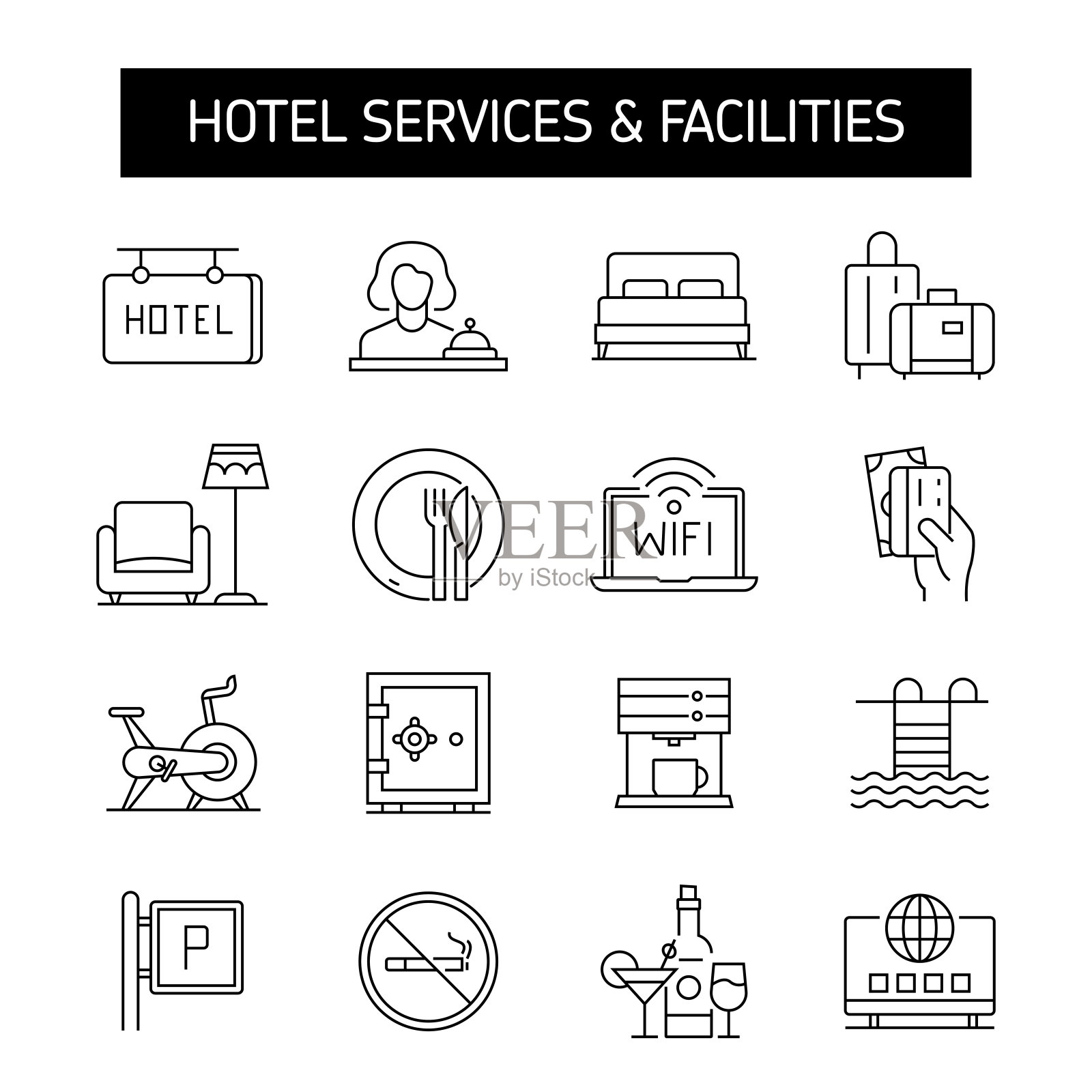 酒店服务和设施线图标集。接待，在线预订，赌场，国王服，免费Wifi，客房服务，早餐。插画图片素材