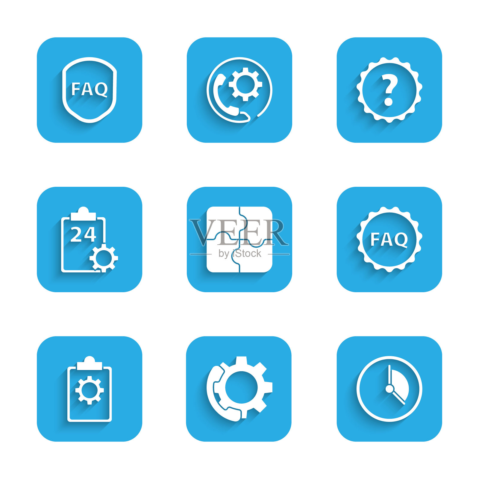 设置一块拼图，电话24小时支持，时间管理，标签与文本常见问题，检查表服务，问号和屏蔽图标。向量插画图片素材