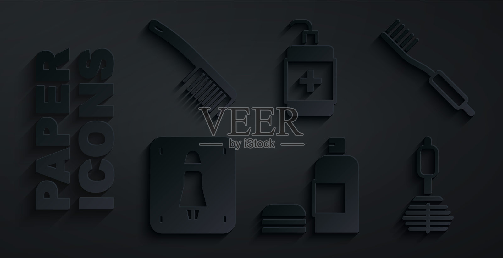 套装洗发水瓶，牙刷，女马桶，马桶，洗手液瓶和发刷图标。向量插画图片素材