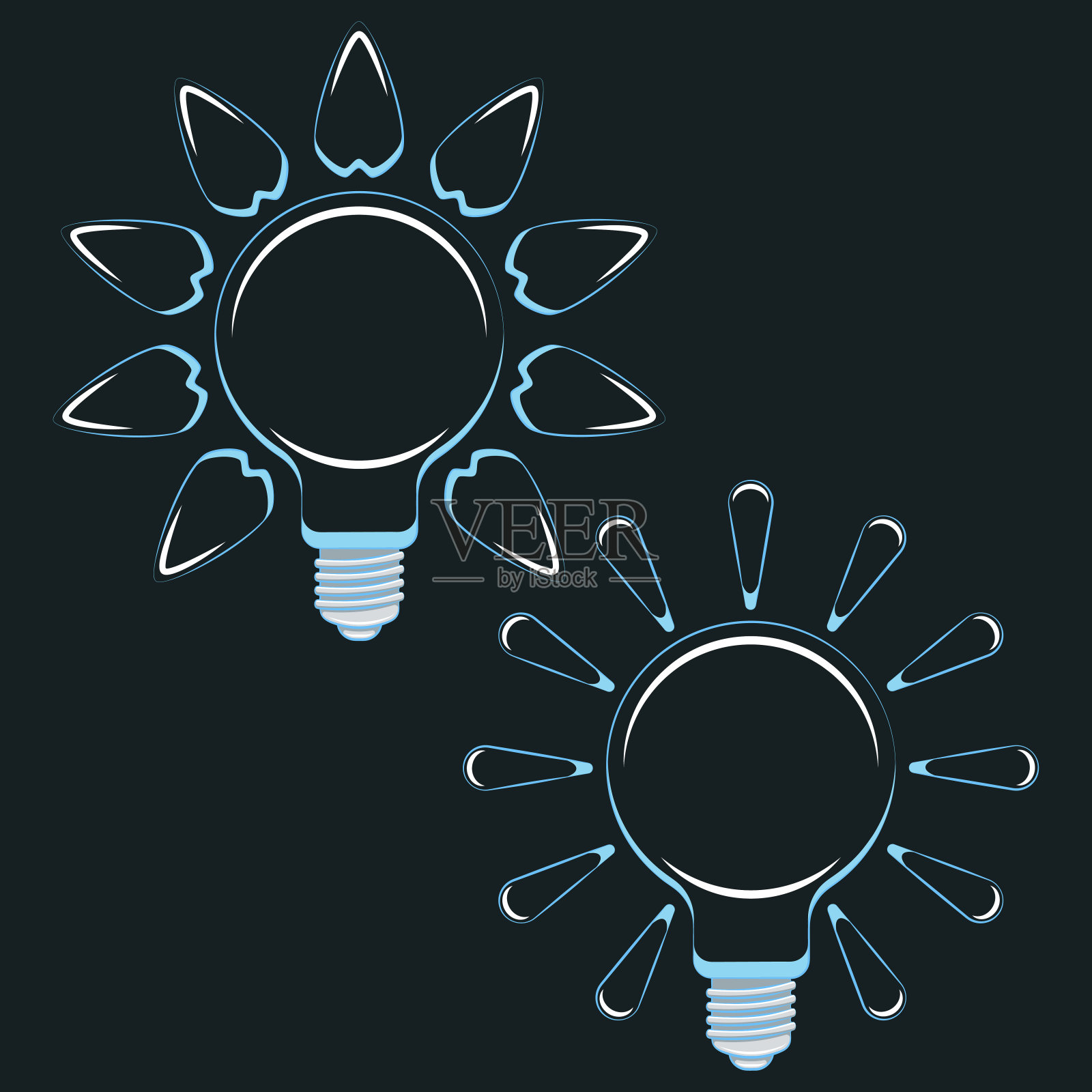 一套彩色插图与灯泡，光线和树叶，绿色能源，太阳能。孤立的矢量对象。插画图片素材