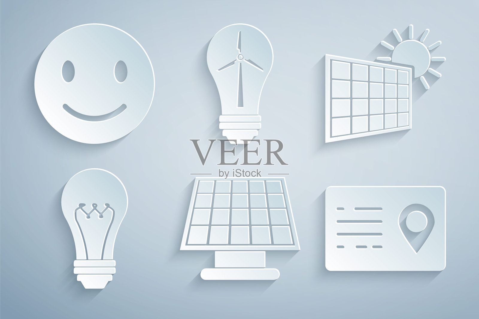 集太阳能板，太阳，灯泡，地址簿，风力涡轮机和笑脸图标。向量插画图片素材