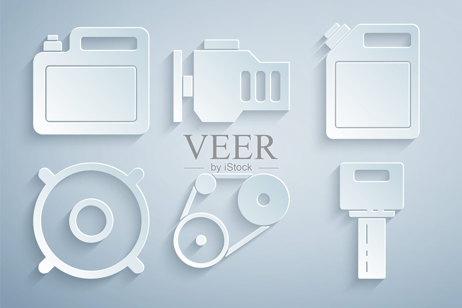 设置正时皮带套件，汽油罐，汽车音响扬声器，带遥控器的钥匙，检查发动机和机油图标。向量插画图片素材