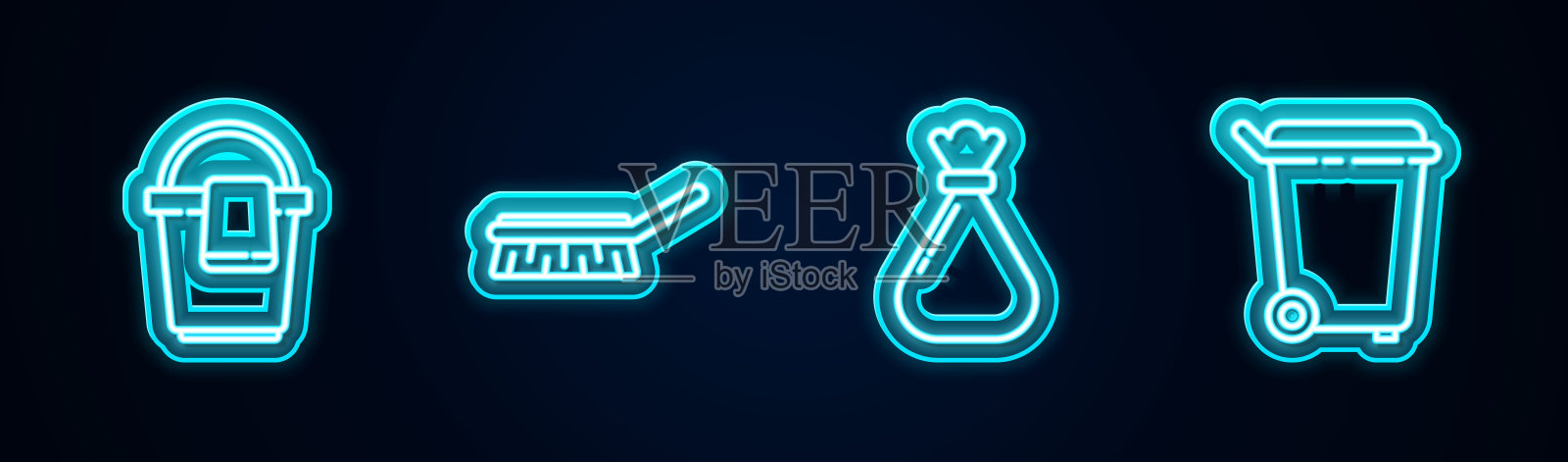 设置带抹布的桶，清洁刷，垃圾袋和垃圾桶。发光的霓虹灯图标。向量插画图片素材