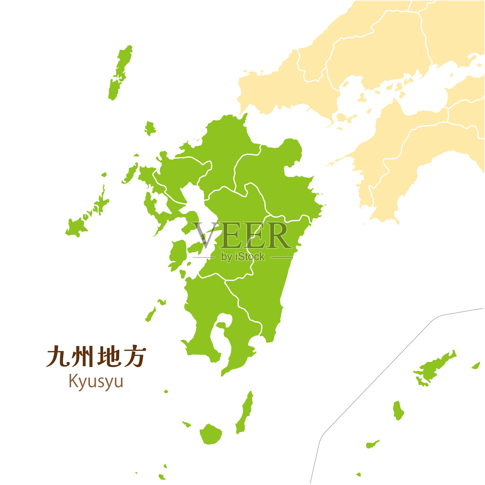 九州地区地图，在九州地区的每个县和周边地区，可爱的柔和的彩色地图插画图片素材