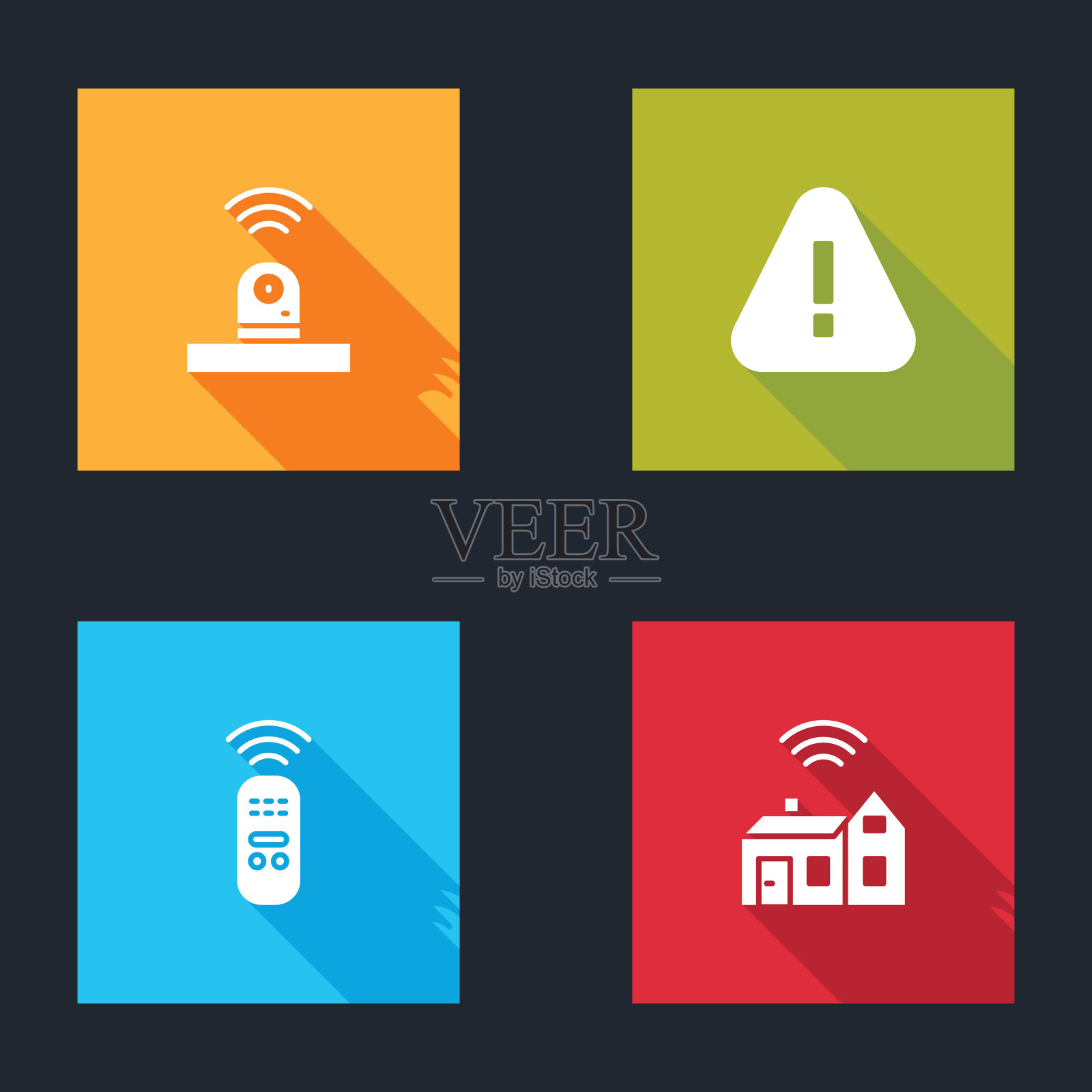 设置智能安全摄像头，三角形感叹号，遥控器和家庭无线图标。向量插画图片素材