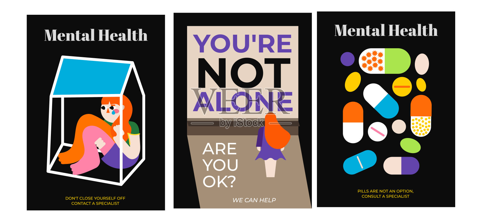 3张心理健康宣传海报插画图片素材