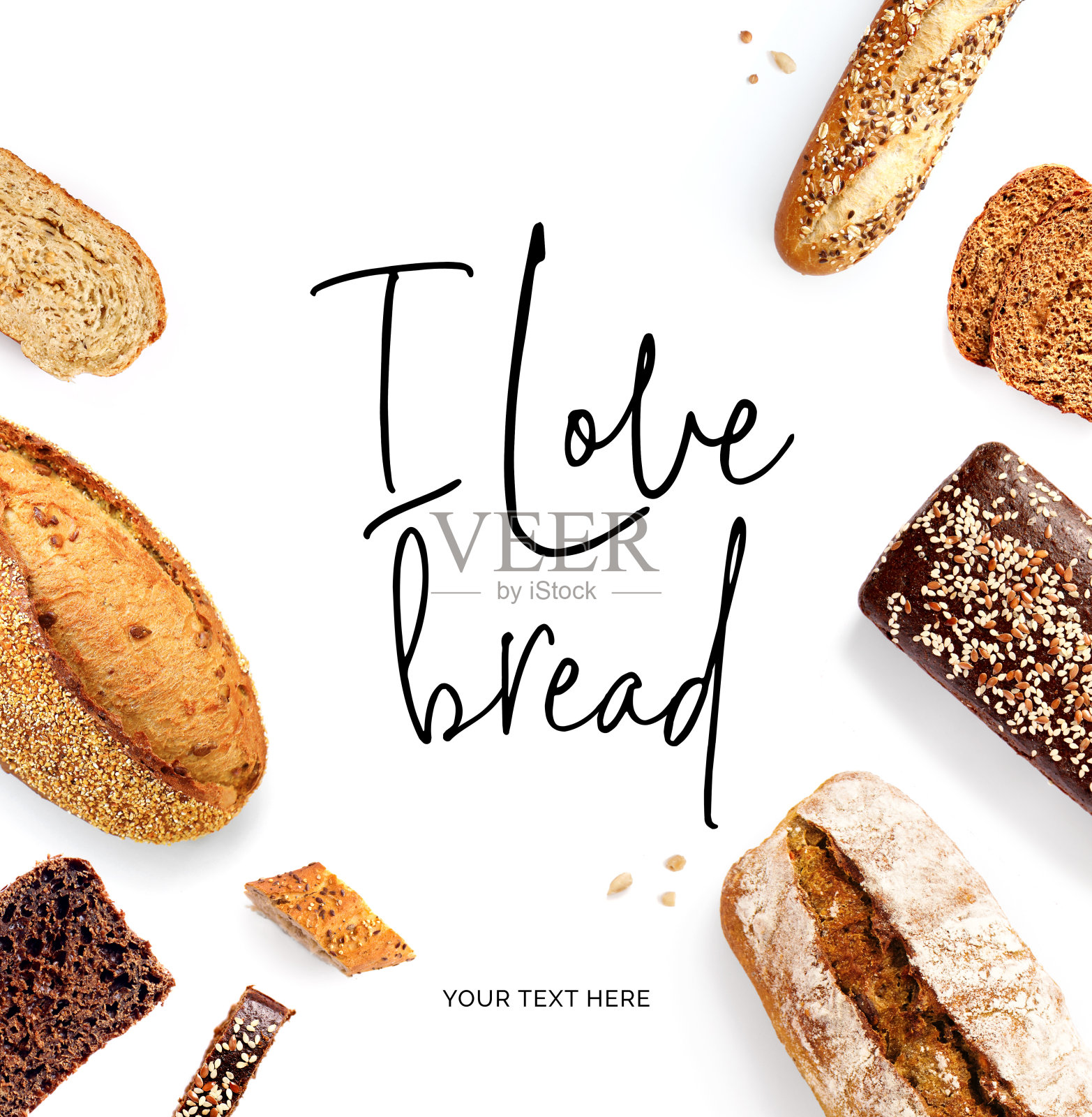 创意布局，引用“我爱面包”。平的。食品的概念。法棍面包、白面包、黑麦面包和白色背景的面包片。照片摄影图片