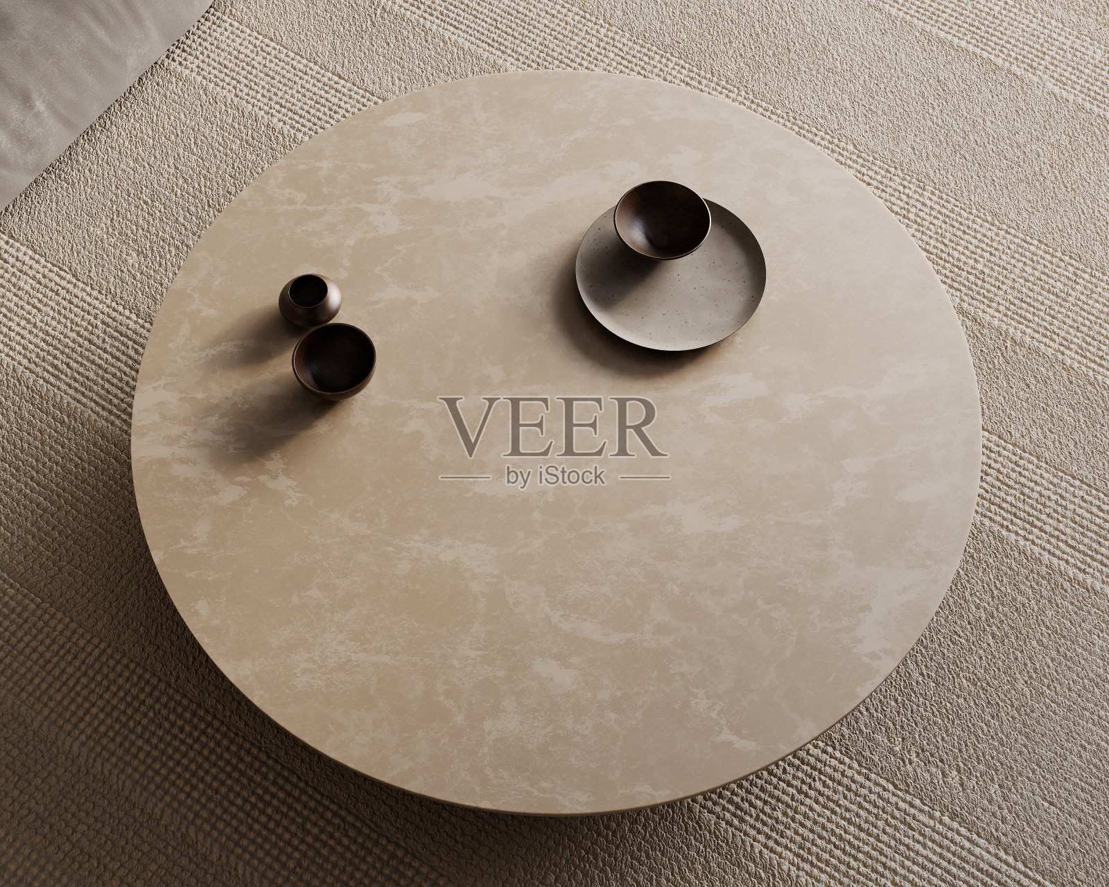 地毯上的石头咖啡桌，还有盘子，俯视图。3d渲染插图模型。照片摄影图片