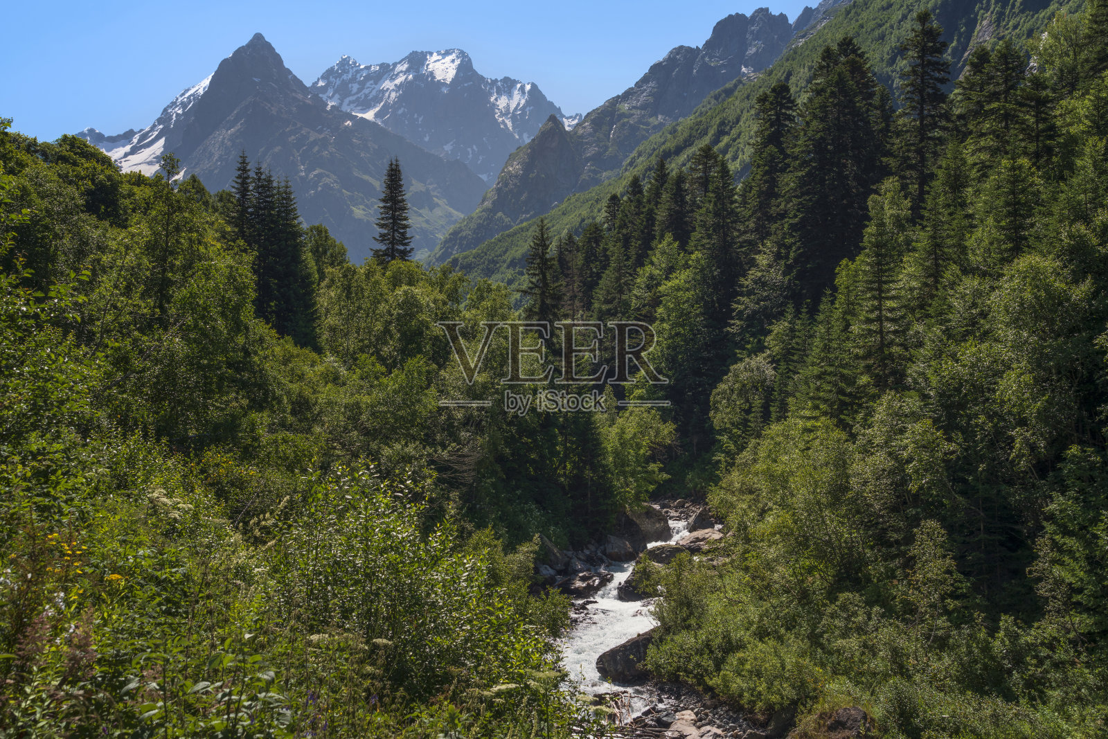 在一个阳光明媚的夏日，俄罗斯卡拉恰伊-切尔克斯，东贝村附近的北高加索山区的东贝-乌尔根峡谷照片摄影图片